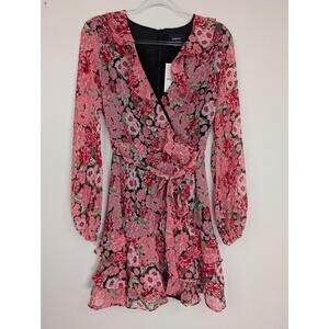 Bardot Dress Womens Large Pink Floral Triple Frill Wrap Chiffon Party Short